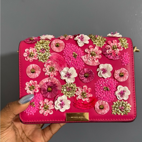 Michael Kors Handbags - Michael Kors Fuchsia Floral Jade Gusset Leather Crossbody Bag